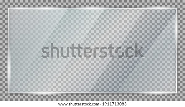 Glass plate on transparent\
background, clear glass showcase, realistic transparent window\
mockup in rectangle frame, glass texture with glares and light -\
vector