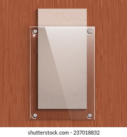 The glass plate with a paper on the background of mahogany wood texture.  Vector illustration.