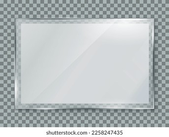 Glass plate with paper sheet on transparent background, clear glass showcase, realistic window mockup, acrylic and glass texture with glares and light, realistic transparent glass in rectangle frame