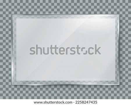 Glass plate with paper sheet on transparent background, clear glass showcase, realistic window mockup, acrylic and glass texture with glares and light, realistic transparent glass in rectangle frame