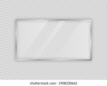 Glass plate in rectangular frame isolated on transparent background. Vector illustration.