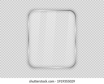 Glass plate in rounded vertical frame isolated on transparent background. Vector illustration.