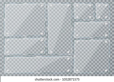 Glass plate set on transparent background. Empty realistic acrylic plates with metal clamps. Vector