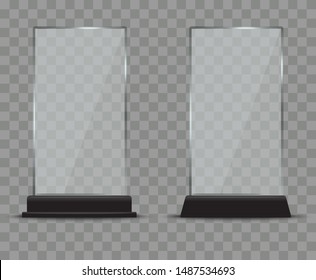 Glass plate set on transparent background. Plastic banner panel on checkered backdrop. Realistic glossy Mock-up. Vector