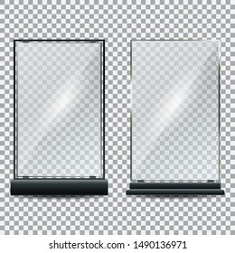 Glass plate set on transparent background. Plastic banner panel on checkered backdrop. Realistic glossy Mock-up. Vector