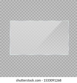 Glass plate set on transparent background. Clear glass showcase. Realistic window mockup. Vector
