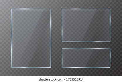 Glass plate set on transparent backdrop. Isolated glass and shadow collection. Realistic clear sheet. Window template with flare. Acrylic screen template. Vector illustration.