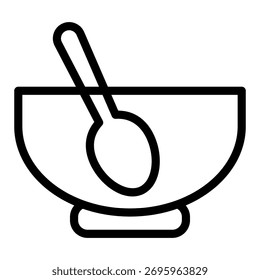 Plato de cristal con la cuchara dentro del icono de la línea, concepto de la comida de la cocina. Gráficos de Vector. Signo de la placa en el fondo blanco, icono del estilo del contorno para el móvil o el Diseño web