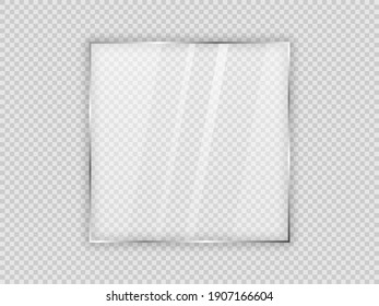 Glass plate in square frame isolated transparent background  Vector illustration 