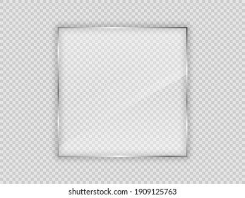 Placa de vidrio en marco cuadrado aislada sobre fondo transparente. Ilustración vectorial.