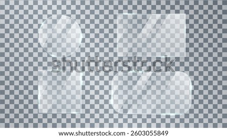 Glass plate texture. Gloss screen effect. Glossy mirror panel. Plastic mockup. Digital clear button. Square tag and badge. Shiny acrylic, plexiglass frame. Light window. Vector illustration.