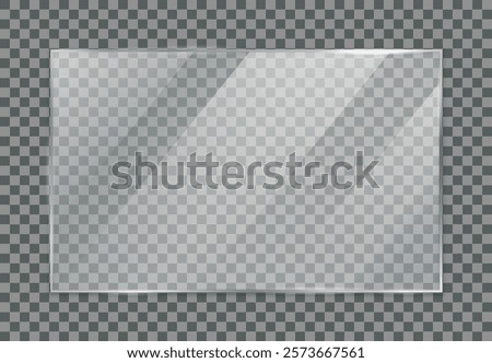 Glass plate transparent, clear glass showcase, glossy plastic glare frame with glare from sunlight, acrylic with glares and light, clear rectangular plate, plexiglas, mirror, realistic screen glass