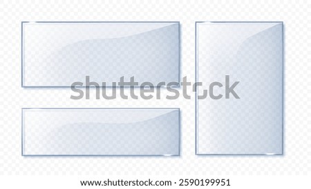 Glass plate transparent. Clear glass showcase isolated set. Clear rectangular plate, Plexiglas, realistic window mockup