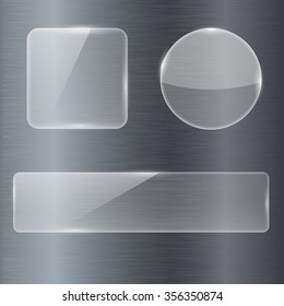 Glass plate. Vector glass frame. Transparent Illustration on brushed metal background.