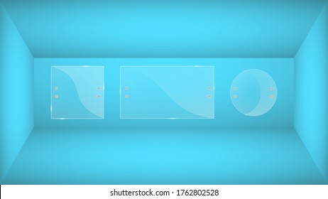 Glass plates are installed. Vector glass banners on a blue background. Glass. Glass paintings. Color frames.