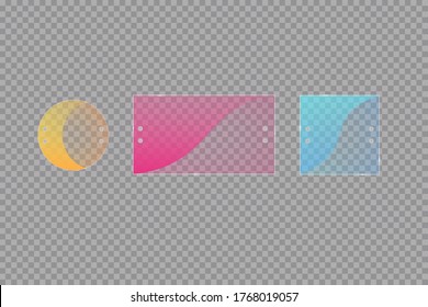 Se han instalado placas de vidrio. Banderas de vidrio vectorial sobre un fondo transparente. Vidrio. Cuadros de vidrio. Marcos de color.