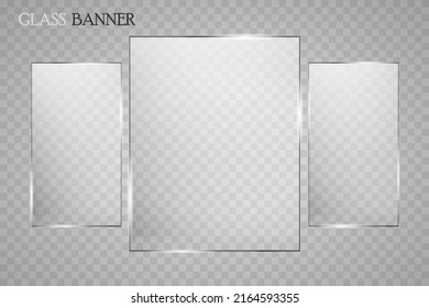 Glass plates are installed. Vector glass banners on a transparent background. Glass. Glass paintings. Color frames. Vector
