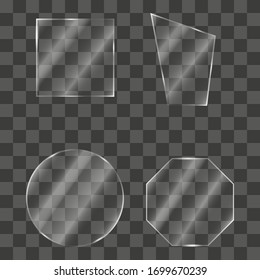 Glass plates on transparent background. Realistic transparent glass window in rectangle, octagon and round frame. Acrylic and glass textures with glare and light. Vector illustration