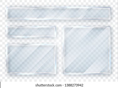 Glass plates set. Glass banners on transparent background. Flat glass. Vector illustration.