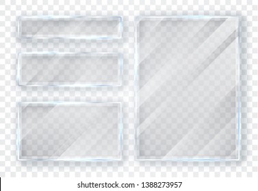 Glass plates set. Glass banners on transparent background. Flat glass. Vector illustration.