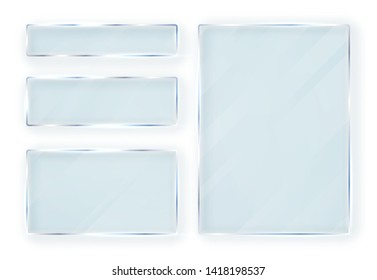 Glass plates set. Glass banners on transparent background. Flat glass. Vector illustration.