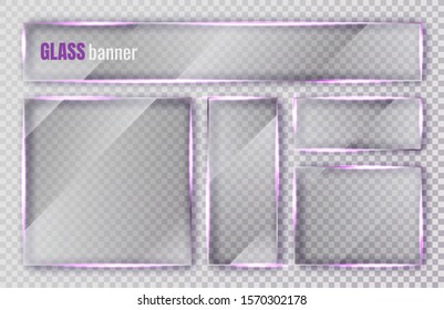 Glass plates set. Glass banners on transparent background. Flat glass clear window. Vector illustration.