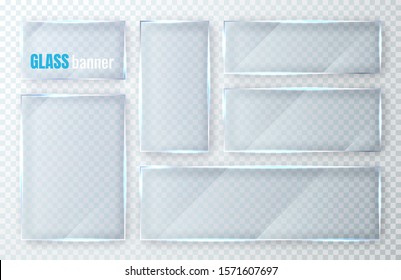 Glass plates set. Glass banners on transparent background. Flat glass clear window. Vector illustration.