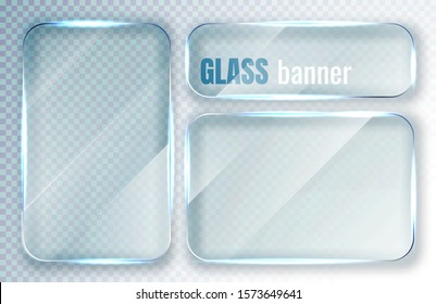 Glass plates set. Glass banners on transparent background. Flat glass clear window. Vector illustration.