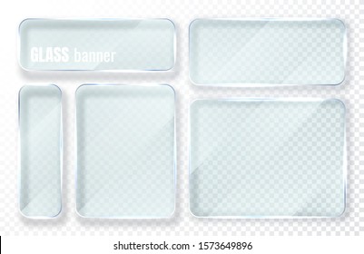 Glass plates set. Glass banners on transparent background. Flat glass clear window. Vector illustration.