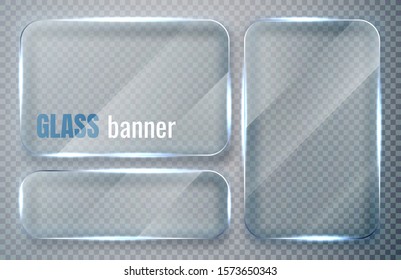 Glass plates set. Glass banners on transparent background. Flat glass clear window. Vector illustration.
