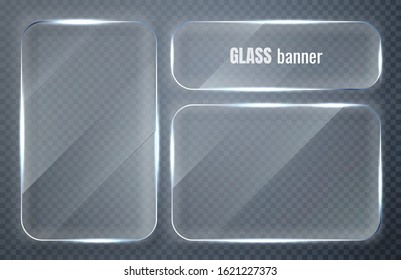 Glass plates set. Glass banners on transparent background. Flat glass clear window. Vector illustration.