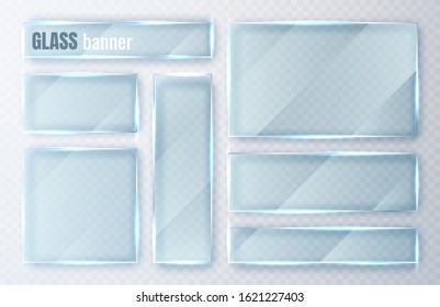 Glass plates set. Glass banners on transparent background. Flat glass clear window. Vector illustration.