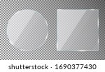 Glass plates set in circle and square shape on transparent background. Acrylic or plexiglass plate with gleams and light reflections. Vector illustration.