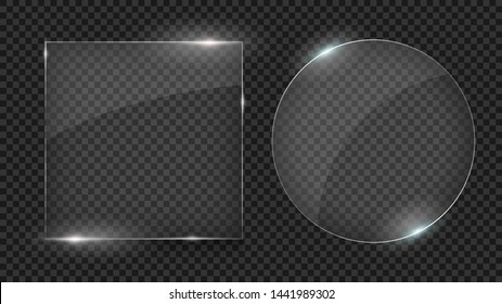 Glass plates, Set of different shapes, glass frames isolated on transparent background. Photo realistic vector illustration
