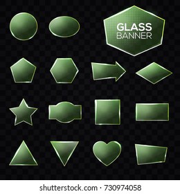 Glass plates set. Green triangle square rectangle hexagon pentagon, star, heart, circle textured frames with glow and light on transparent background. Technology shapes. Realistic vector illustration.