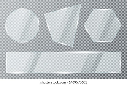 Glass plates set on transparent background. Acrylic and glass texture with glares and light. Realistic transparent glass window in rectangle, hexagon and round frame. Vector