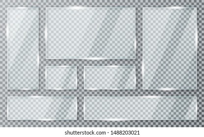 Glass plates set on transparent background. Acrylic and glass texture with glares and light. Realistic transparent glass window in rectangle frame. Vector