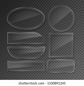 Glass plates set on transparent background. Circle glass banners 