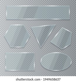 Glass plates set on transparent background. Acrylic and glass texture with  light. Realistic transparent glasses. 