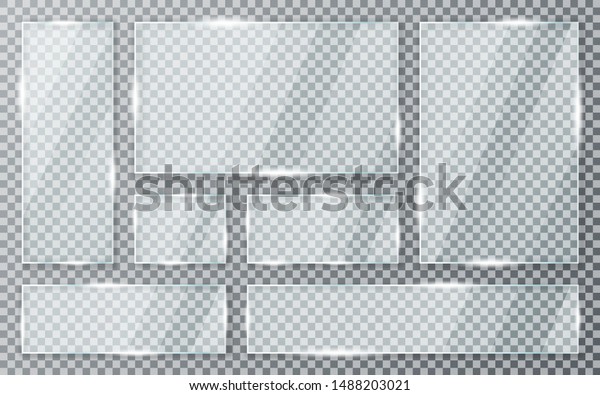 Glass plates set on transparent\
background. Acrylic and glass texture with glares and light.\
Realistic transparent glass window in rectangle frame.\
Vector