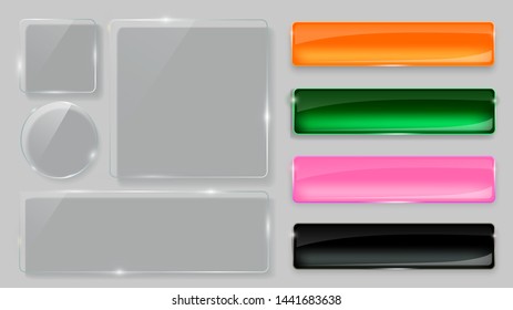 Glass plates set. Realistic transparent and multicolored glass buttons. Vector glass banners on gray background.