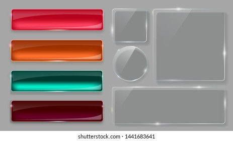 Glass plates set. Realistic transparent and multicolored glass buttons. Vector glass banners on gray background.