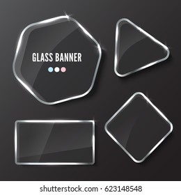 Glass plates set. Realistic vector transparent banners on dark background