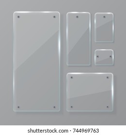 Glass plates set. Realistic vector glass banners isolated on transparent background. Template for web banner, infographic, workflow layout