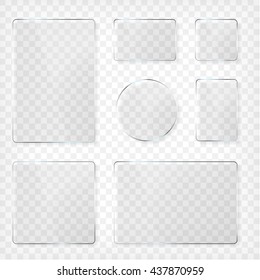 Glass plates set. Square shape, rectangle and round. See through mock up. Transparent elements. Plastic banners with reflection and shadow. Photo realistic vector illustration