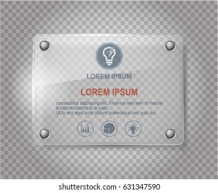 Glass plates set. Square shape, rectangle and round. See through mock up. Transparent elements. Plastic banners with reflection and shadow. Photo realistic vector illustration