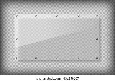 Glass plates set. Square shape, rectangle and round. See through mock up. Transparent elements. Plastic banners with reflection and shadow. Photo realistic vector illustration