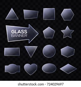 Glass plates set. Triangle, square, rectangle, round, oval, hexagon, pentagon, star, heart, arrow, circle shaped textured frames with glow and light. Technology banners. Realistic vector illustration.