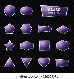 Glass plates set. Triangle, square, rectangle, hexagon, pentagon, star, heart, circle textured frames with glow and light on transparent background. Technology shapes. Realistic vector illustration.