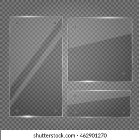 Glass plates set. Vector acrylic banners on transparent background.